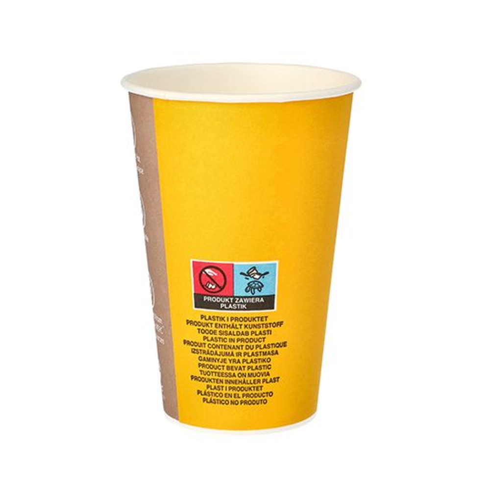 Un gobelet en carton Starpak pour boissons chaudes au design « To Go » est idéal pour servir des boissons chaudes à emporter. Le gobelet de 0,3 litre porte une étiquette rouge et bleue avec des symboles de recyclage et un texte confirmant qu'il ne contient pas de plastique. Il apparaît vide et isolé sur un fond blanc.