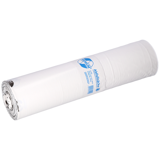 Die DEISS 16003 Rolle von EMIL DEISS KG (700x1100x0,06 mm, weiß, 25 Stück) ist als strapazierfähige weiße Folienrolle mit teils sichtbarem blauen Label vor heller Kulisse präsentiert.