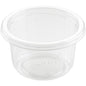 Le gobelet à vinaigrette Duni GmbH Fixpack Transparent APET 80x80x46 mm (paquet de 50 pièces) est un petit récipient nervuré à large bord, idéal pour les sauces ou les épices, représenté vide sur fond blanc.