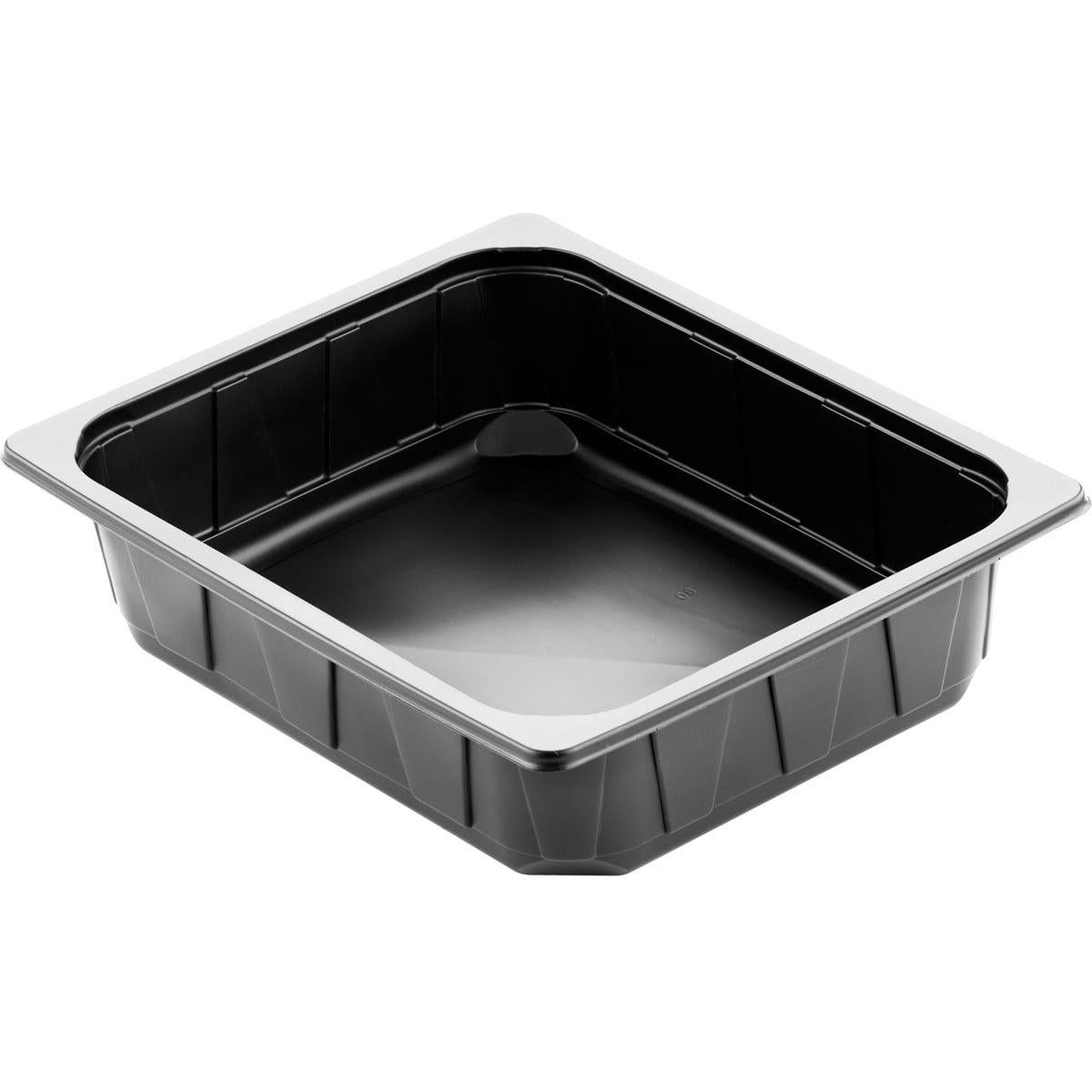 Un plateau noir en PP 1/2 GN (325x265x60 mm) de Duni GmbH, en polypropylène avec un large bord et des côtés texturés, parfait pour la restauration professionnelle. Disponible en paquets de 100 pièces.