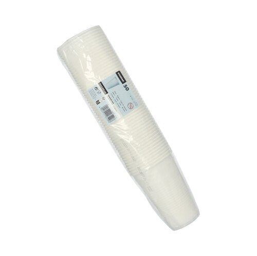 Un lot emballé en plastique de 50 gobelets Starpak blancs de 0,5L en PP (Ø 9,5 cm · 13,7 cm) avec un bord en mousse et des informations sur le produit sur une étiquette rectangulaire attachée à l'emballage.