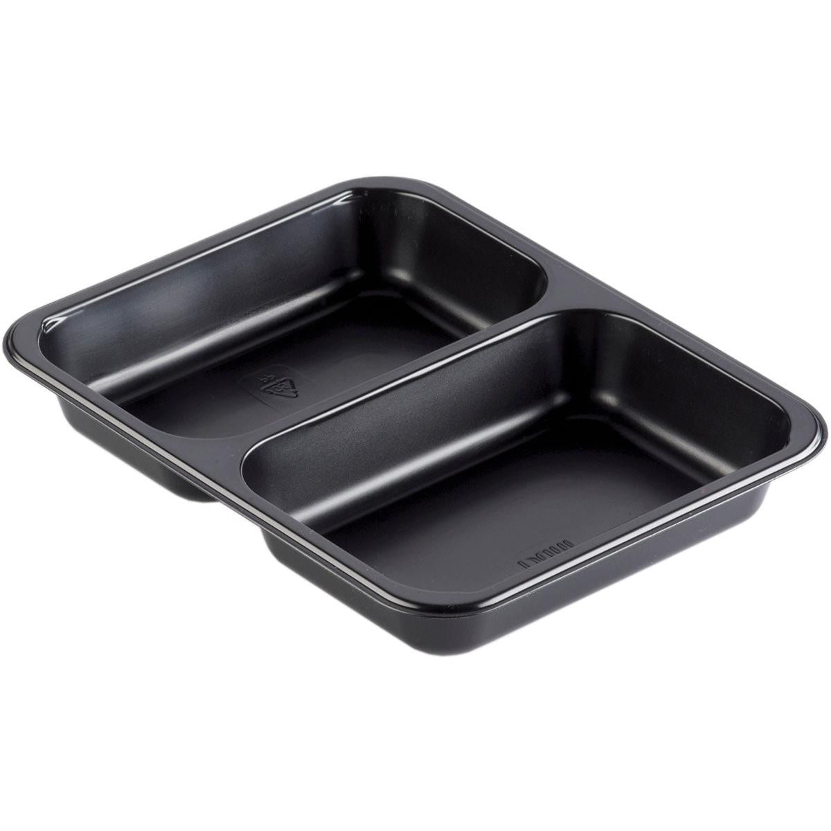 La barquette PP Caterline 2 Noir PP 227x178 de Duni GmbH est une barquette rectangulaire avec deux compartiments arrondis, idéale pour les événements de restauration et présentée sur un fond blanc.