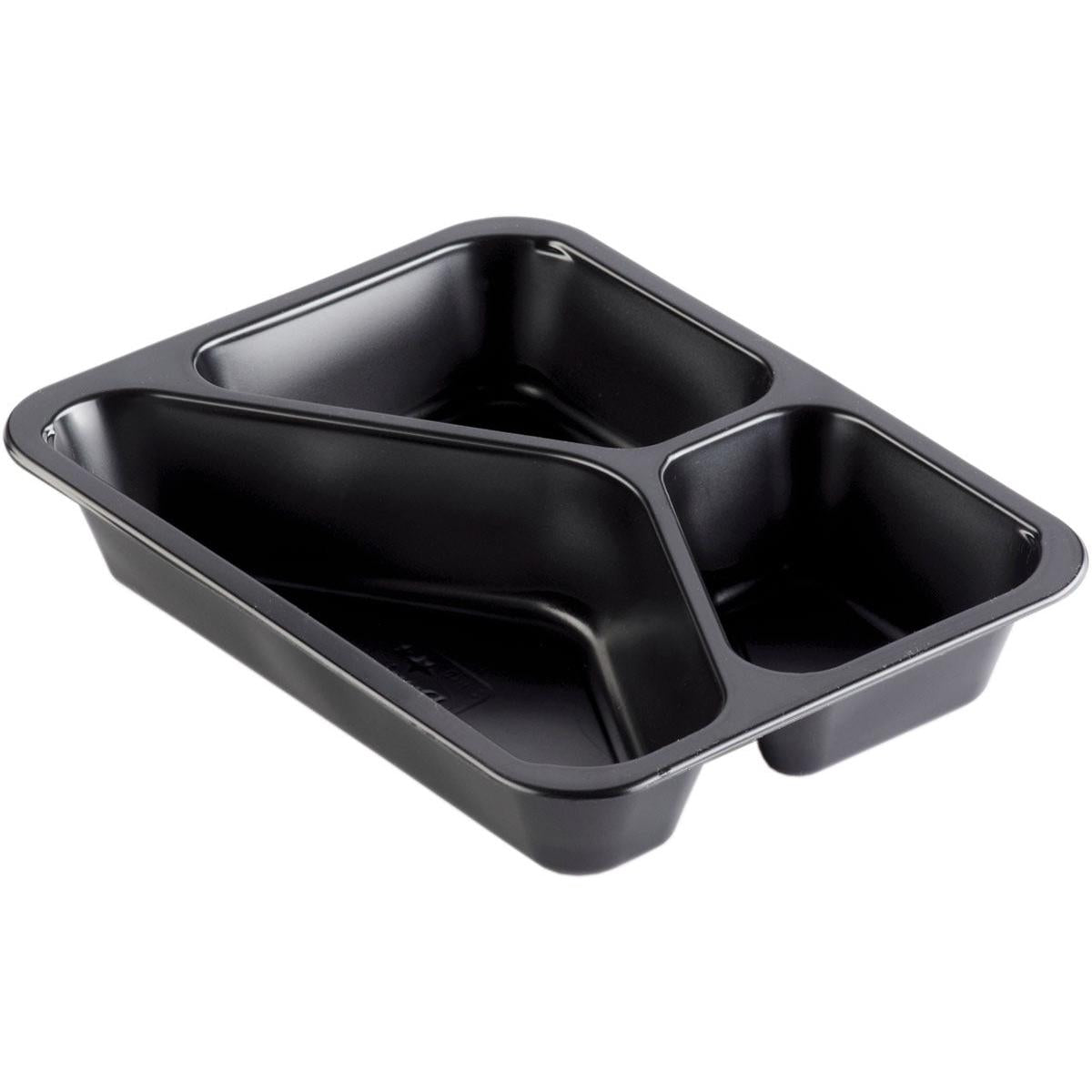 Die Duni GmbH PP-Schale Caterline 3 Schwarz PP 227x178 ist eine schwarze Speisenschale mit drei Fächern (ein großes, zwei kleine), ideal zum Servieren oder Verpacken von Speisen in der Gastronomie oder im Catering.