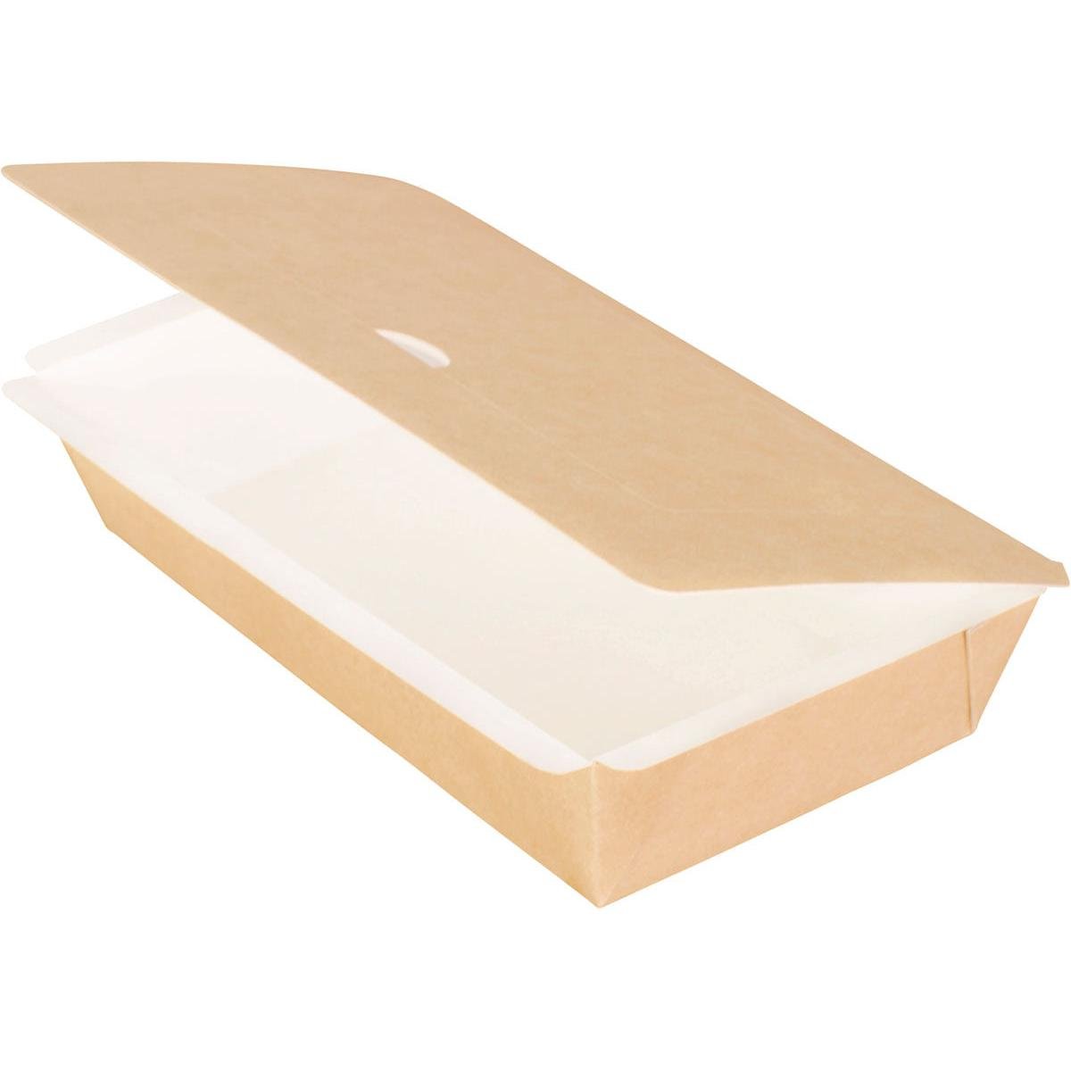 Une boîte en carton rectangulaire Duni GmbH, taille M (200x120x45 mm) en carton brun/PE, avec un couvercle attaché et partiellement ouvert. La boîte vide est posée sur un fond blanc. Emballage : 250 pièces.