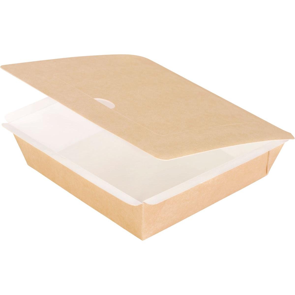 Une boîte en carton brun clair, carrée, L 165x165x45 mm en carton brun/PE de Duni GmbH est vide avec un couvercle à moitié ouvert et un intérieur blanc sur fond blanc. L'emballage contient 250 pièces.
