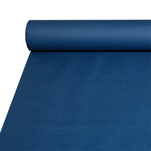 La nappe Starpak, similaire au tissu (Airlaid, 20 m x 1,2 m), montre un drap bleu foncé déroulé avec un rouleau visible en haut à gauche et une extension plate en bas à droite. Elle est durable et facile à nettoyer.