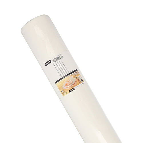 Un rouleau blanc de nappe Starpak, semblable à du tissu Airlaid 20m x 1,2m, illustré sur un fond uni. L'étiquette du produit est munie de texte, d'un code-barres et d'une image de produits de boulangerie, mettant en avant le matériau Airlaid de haute qualité pour l'utilisation sur table.