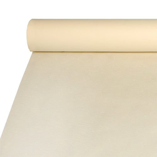 Un grand rouleau de nappe Starpak, similaire au tissu (Airlaid 20 m x 1,2 m), est déroulé sur une surface plane et révèle sa texture lisse et impeccable - idéal pour la restauration ou les décorations de table de haute qualité.
