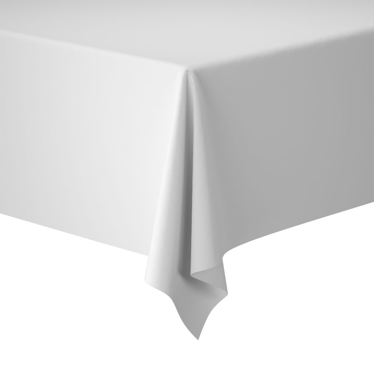 La nappe Evolin 127 x 220 cm de Duni GmbH se pose sur un coin de table, avec un bord formant des plis doux et lisses. Le fond est simplement blanc.