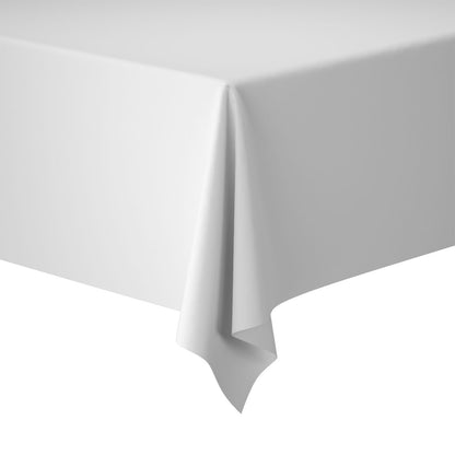 La nappe Evolin 127 x 220 cm de Duni GmbH se pose sur un coin de table, avec un bord formant des plis doux et lisses. Le fond est simplement blanc.