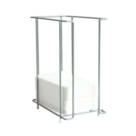 Der Metall Servietten-Dispenser 24 cm für 1/4F Servietten von Duni GmbH ist ein eleganter, rechteckiger, offener Rahmenspender mit vier weißen Füßen, der einen Stapel Servietten hält.