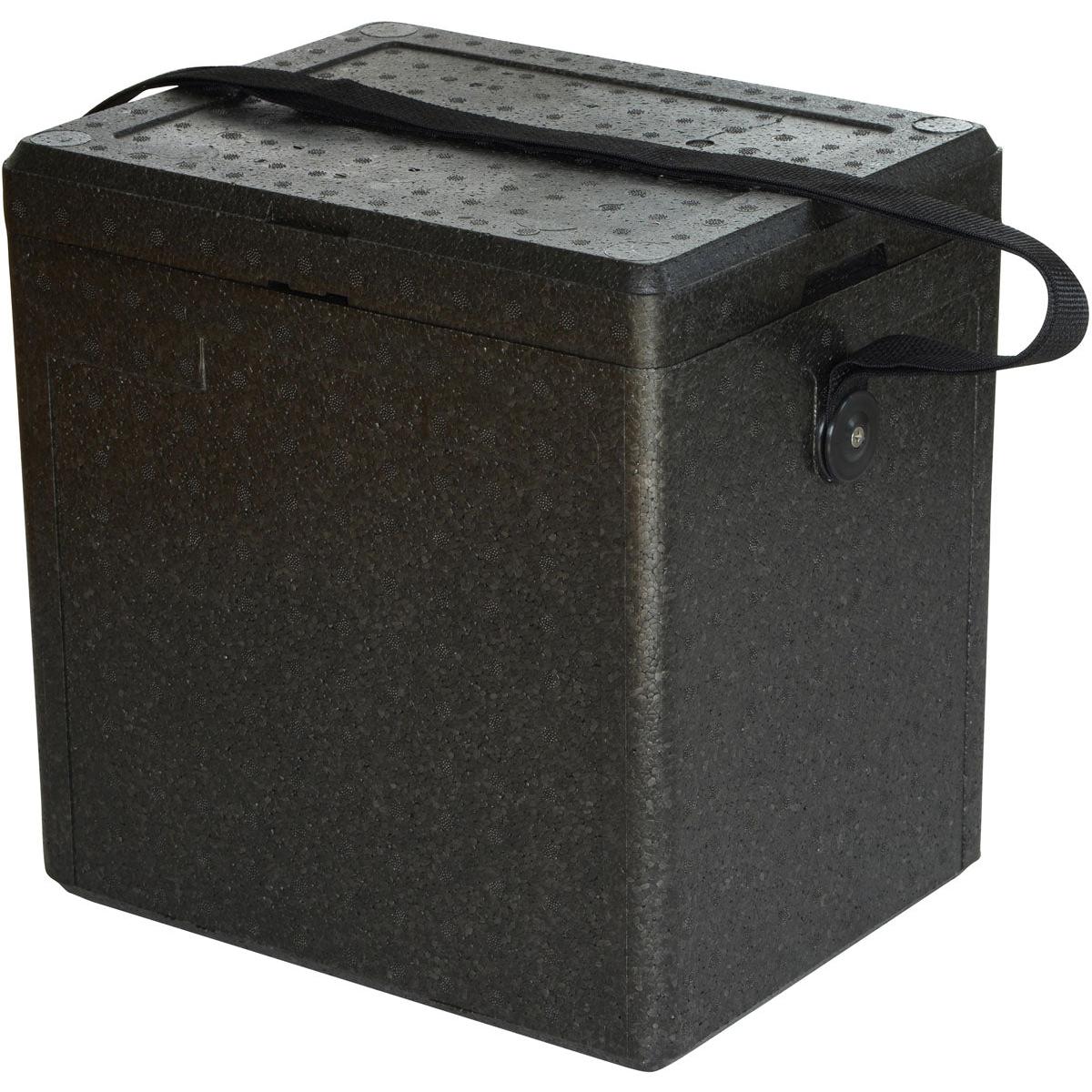 Die Thermobox 1 Schwarz EPP von Duni GmbH ist eine schwarze, rechteckige Box mit strukturierter Oberfläche, Deckel und seitlichem Trageriemen - perfekt als Isolierbox Gastronomie oder Lebensmitteltransport Box.