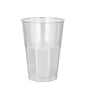 Un gobelet transparent en plastique Starpak pour Latte Macchiato (0,3 l, 8 cm Ø, 11 cm de haut) avec des côtés coniques et un fond plat de l'ensemble de 30 verres Starpak, surface cristalline, présenté sur un fond blanc simple.