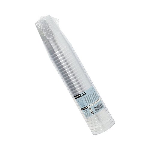 Une pile de 30 verres Starpak pour Latte Macchiato, PS 0,3 l Ø 8 cm · 11 cm cristallin (30 pièces) est emballée dans un film rétractable et munie d'une étiquette d'information produit sur le côté.