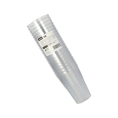 Un lot de 20 verres Starpak transparents pour caipirinha (PS, 0,3 l, Ø 8 cm, 11 cm), emballés sous film thermorétractable avec étiquette et code-barres – idéal pour les fêtes et les événements sur fond blanc.