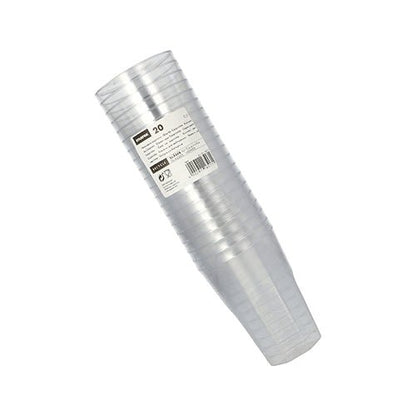 Un lot de 20 verres Starpak transparents pour caipirinha (PS, 0,3 l, Ø 8 cm, 11 cm), emballés sous film thermorétractable avec étiquette et code-barres – idéal pour les fêtes et les événements sur fond blanc.