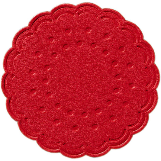 Ein flacher, runder, roter Tassenuntersetzer (Ø 7,5 cm) der Duni GmbH mit gewellten Rändern und symmetrischem Muster, hier auf weißem Hintergrund. Erhältlich in 8er-Sets oder 250er-Packungen für Getränke.