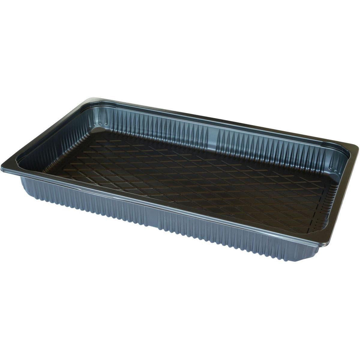 La Duni GmbH PP Schale 1/1 GN est un plateau rectangulaire en polypropylène noir (530x325x60 mm) avec des côtés surélevés et un fond structuré, idéal pour emballer ou servir des aliments dans la restauration ; paquet de 48 pièces, non refermable.