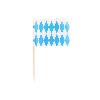 Le PAPSTAR 200 Deko-Picker 8 cm de la PAPSTAR GmbH est un petit drapeau rectangulaire sur un bâton en bois avec un motif à losanges bleu clair et blanc – idéal pour rehausser les présentations de catering ou d'amuse-gueules. Fond blanc.