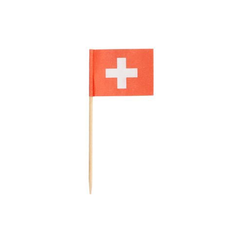 Le Deko-Picker PAPSTAR 100 de la société PAPSTAR présente de petits drapeaux suisses avec une croix blanche sur fond rouge, montés sur des bâtonnets en bois - parfait pour des présentations élégantes ou comme accent pour les buffets.