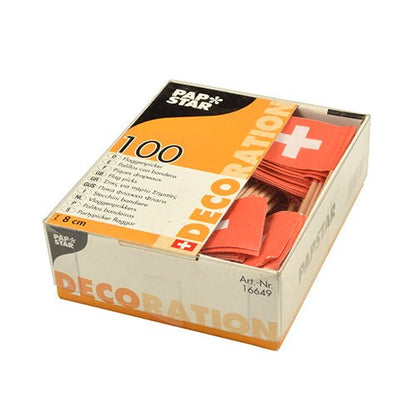 Un paquet de 100 Deko-Pickers PAPSTAR de la société PAPSTAR - des bandes de serviettes orange avec une croix blanche, parfaites pour des tables et buffets élégamment dressés. L'emballage porte le nom de la marque « PAPSTAR », l'inscription « Décoration » et des informations sur le produit en plusieurs langues.