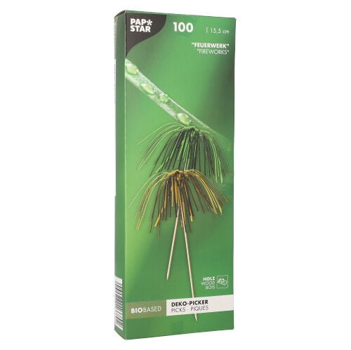 Le PAPSTAR 100 pique de décoration de PAPSTAR GmbH contient 100 piques bio en forme de feu d'artifice avec des lamelles métalliques vertes et dorées, chacune de 15,5 cm de long – idéales pour des présentations élégantes et des buffets.