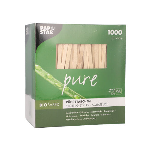 Une boîte « pure » vert-blanc PAPSTAR contient 1000 agitateurs sans éclats de 14 cm en bois de bouleau biobasé de PAPSTAR GmbH. Le nom de la marque apparaît en haut à gauche de l'emballage.