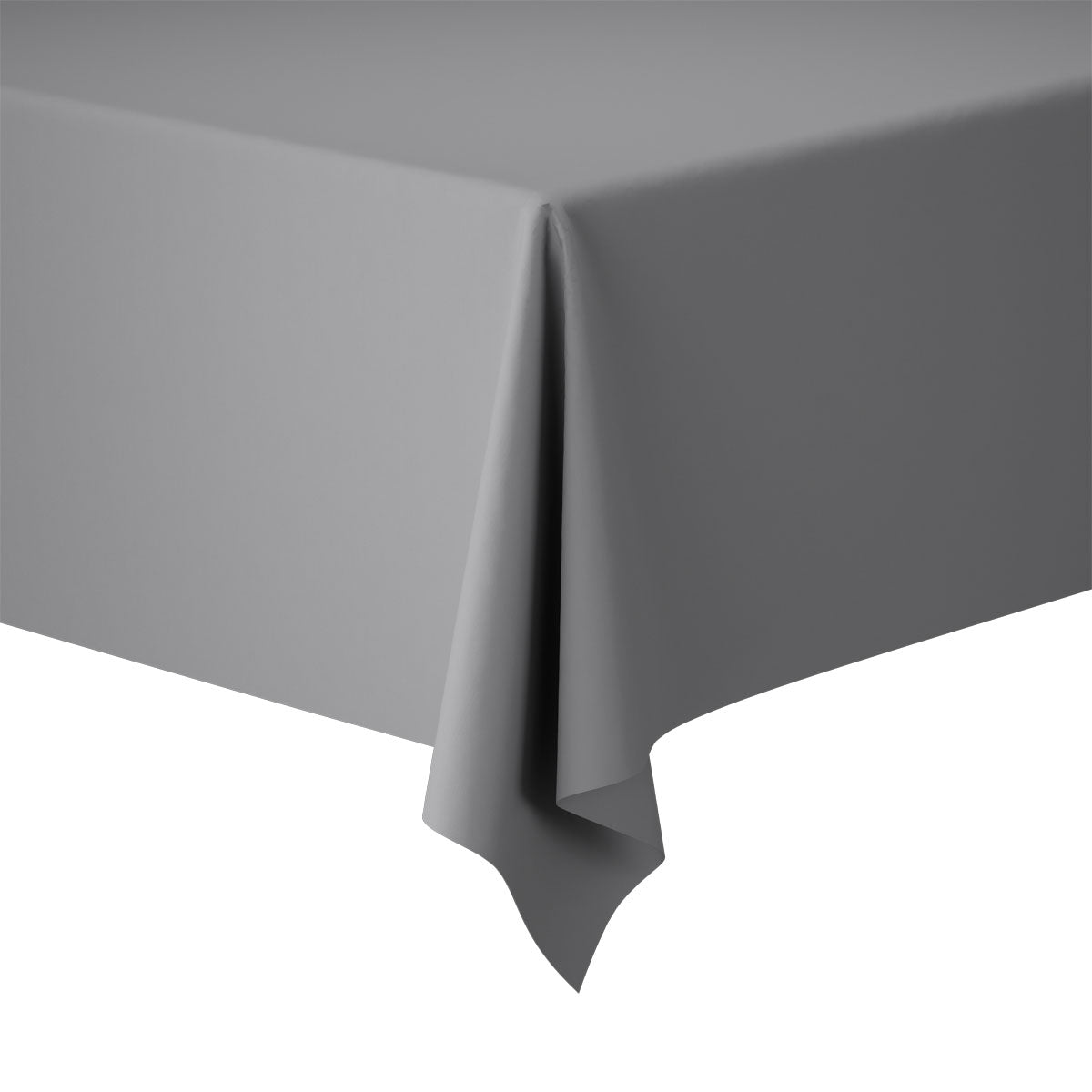 Gros plan d'un coin de table rectangulaire recouvert d'une nappe Evolin unie et lisse de couleur grise 127 x 180 cm de Duni GmbH, devant un fond blanc.