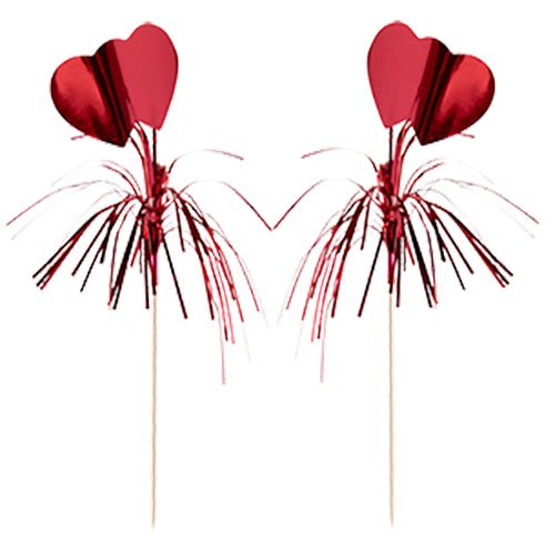 Le Deko-Picker PAPSTAR 100 de la société PAPSTAR dispose de deux picks en forme de cœur rouge avec des serpentins métalliques - idéal pour des présentations élégantes ou des buffets, ici sur fond blanc.