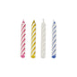 Quatre PAPSTAR bougies d'anniversaire de 6 cm, triées par couleur (rose, jaune, blanc, bleu), de PAPSTAR GmbH se tiennent côte à côte sur un fond blanc. Les bougies font partie d'une boîte pliante de 144 pièces.