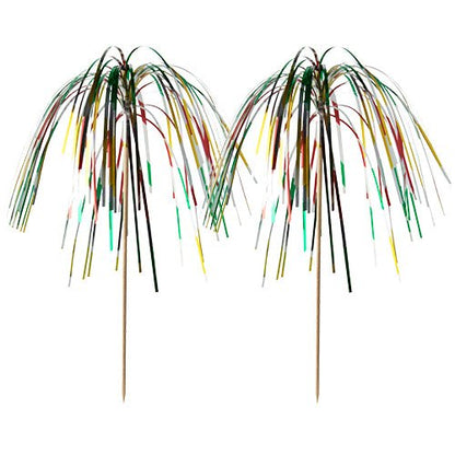Deux piques de décoration métalliques colorées du type PAPSTAR 100 de PAPSTAR GmbH avec de longues lamelles fines sur des bâtons de bois, déployées comme un feu d'artifice – idéales pour des buffets élégants ou des présentations – sur fond blanc.