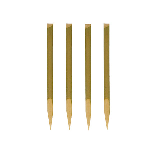 Quatre PAPSTAR brochettes de finger food (11 cm, bois naturel) de PAPSTAR GmbH sont disposées verticalement sur un fond blanc - chacune avec une extrémité pointue et un dessus plat. Parfaites pour les fêtes, ces plateaux de 200 pièces sont durables et biodégradables.