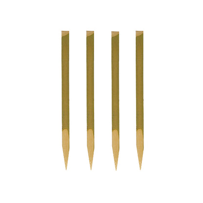 Quatre PAPSTAR brochettes de finger food (11 cm, bois naturel) de PAPSTAR GmbH sont disposées verticalement sur un fond blanc - chacune avec une extrémité pointue et un dessus plat. Parfaites pour les fêtes, ces plateaux de 200 pièces sont durables et biodégradables.