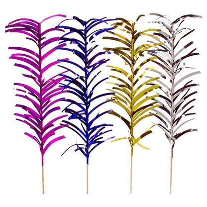 Le Deko-Picker PAPSTAR 100 de la société PAPSTAR présente des feuilles de palmier métalliques en rose, bleu, or et argent avec des tiges fines et une surface brillante - idéal pour la présentation élégante de buffets. Disposé sur fond blanc.