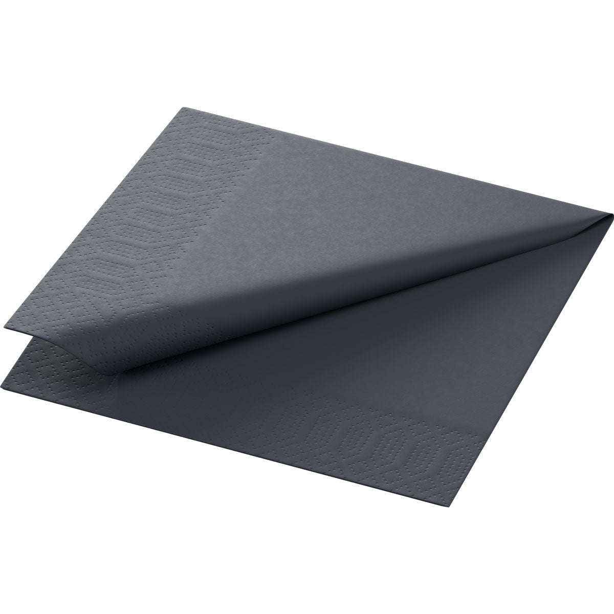 Une serviette en cellulose Duni GmbH 24x24 cm, 3 plis, noire, d'un paquet de 250 pièces, est partiellement pliée en diagonale sur un fond blanc, mettant en valeur les bords texturés et la couleur gris-noir profond.