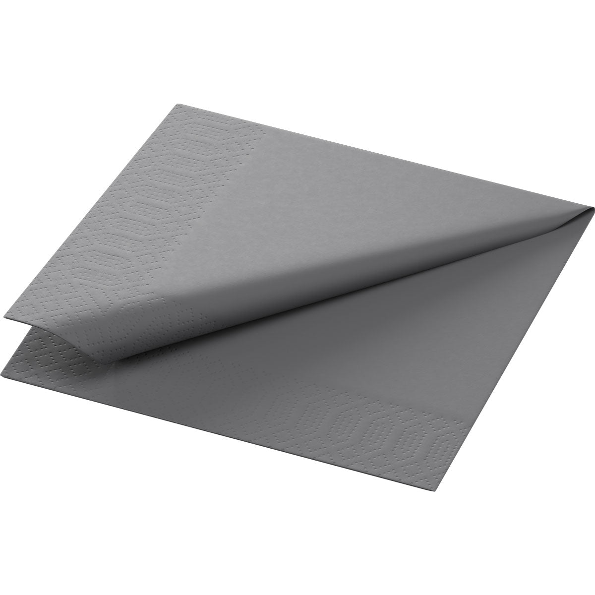 Une seule serviette Duni GmbH Zellt.-Serv. 24x24 cm, 3 couches Gris granit d'un paquet de 250 est partiellement dépliée sur un fond blanc et montre un motif gaufré géométrique discret sur le bord.