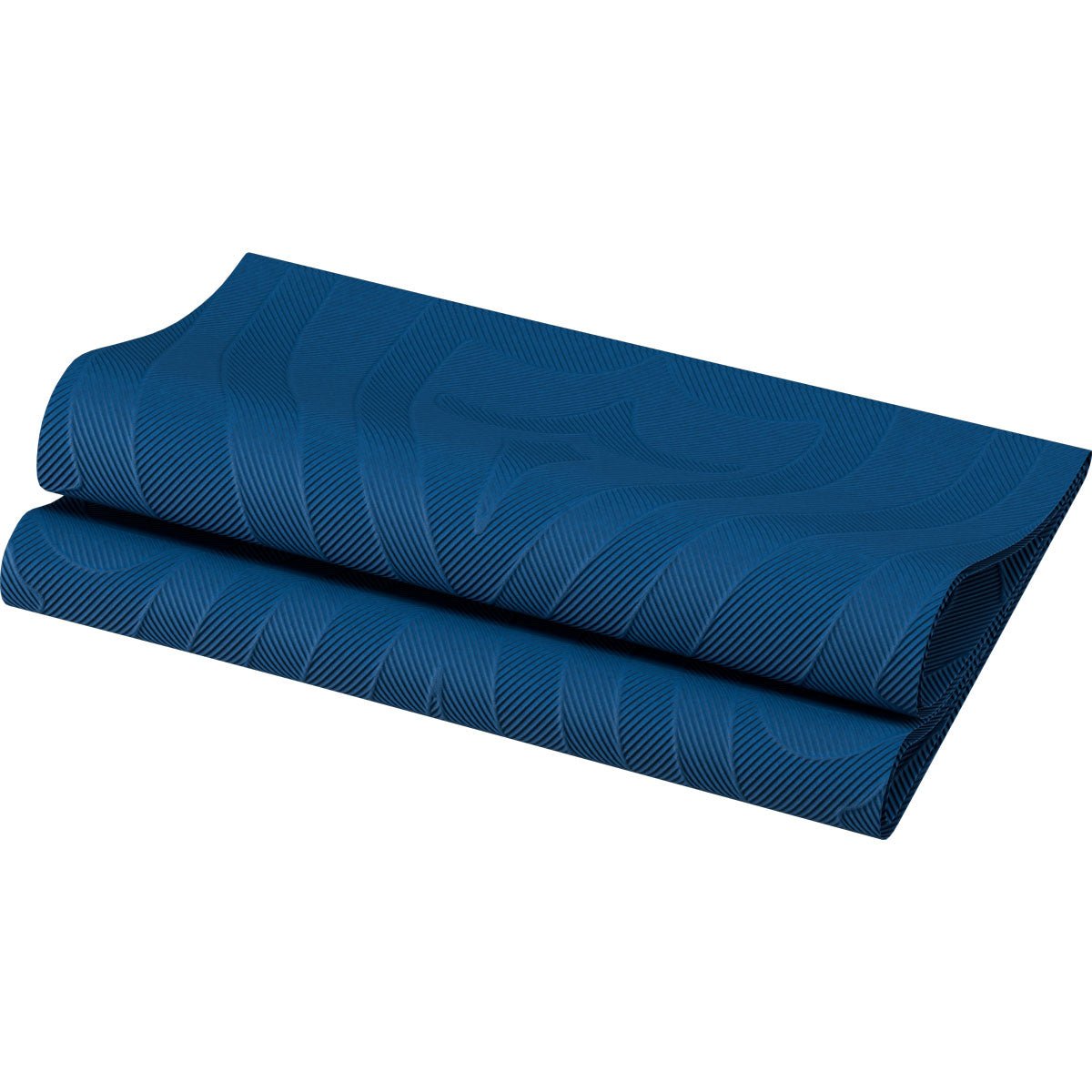 Un tapis de yoga bleu avec une structure ondulée est enroulé sur un fond blanc et rappelle le look élégant des serviettes Elegance 40x40 cm bleu foncé-premium décoration de table de Duni GmbH dans un paquet de 40 serviettes.