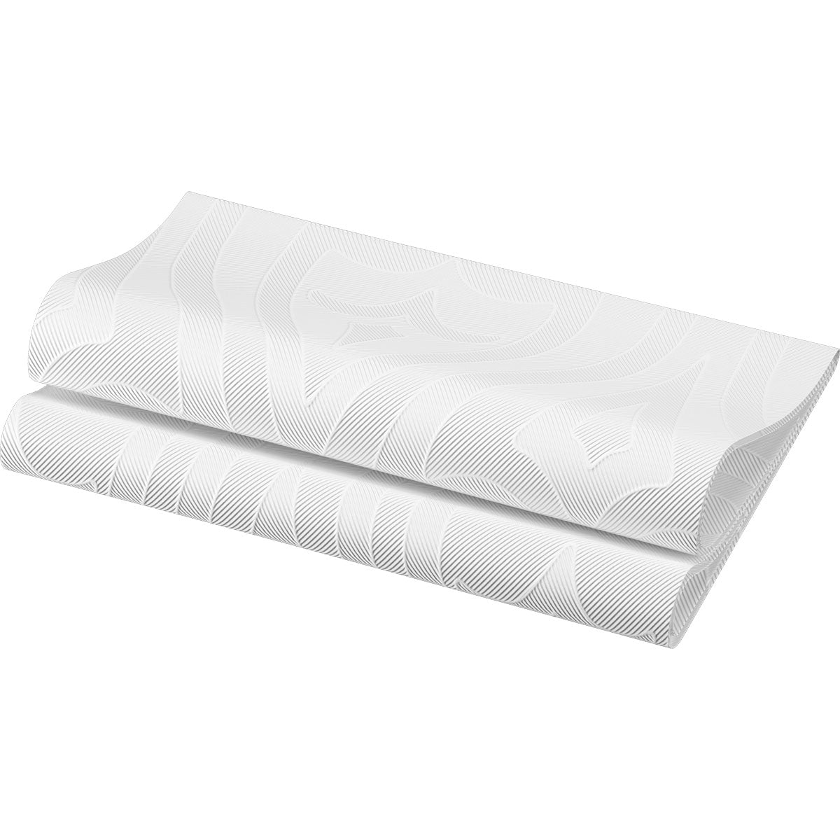 Serviettes Elegance blanches pliées 48 x 48 cm 1/4 pli Lily de Duni GmbH, avec un motif géométrique subtil de lignes fines et surélevées formant des formes abstraites à la surface et rappelant le design Lily.