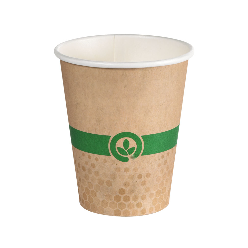 Le „Melli Becher 120 ml Mehrfarbig“ de Duni GmbH est un gobelet en carton écologique en marron avec un ruban vert au motif de feuilles. La moitié inférieure du gobelet présente un motif de nid d'abeilles attrayant. Ces gobelets sont idéaux pour les boissons et certifiés FSC™, garantissant une source durable. Disponible en paquets de 50 pièces.