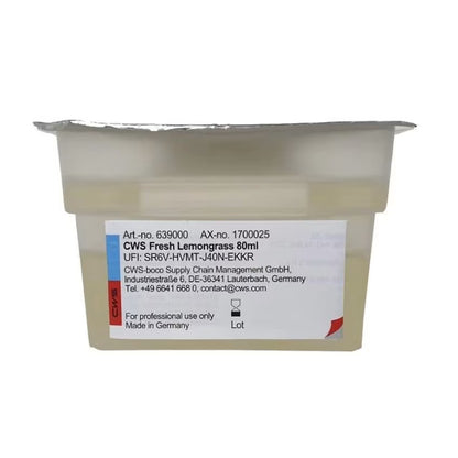 Un conteneur en plastique scellé avec l'inscription "CWS ParadiseLine Parfum pour salle de bain pour diffuseur de parfum Paradise Air Bar" de CWS, avec un couvercle en aluminium et une étiquette de contact, est destiné uniquement à l'utilisation professionnelle de parfum pour salle de bain.