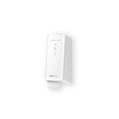 Le CWS PureLine Disinfect Foam | Pack (1 pièce) de CWS est un distributeur automatique mural blanc au design rectangulaire, qui délivre de la mousse désinfectante sous forme de mousse. Des icônes et du texte soulignent l'efficacité de la désinfection, comprenant un capteur et un bouton.