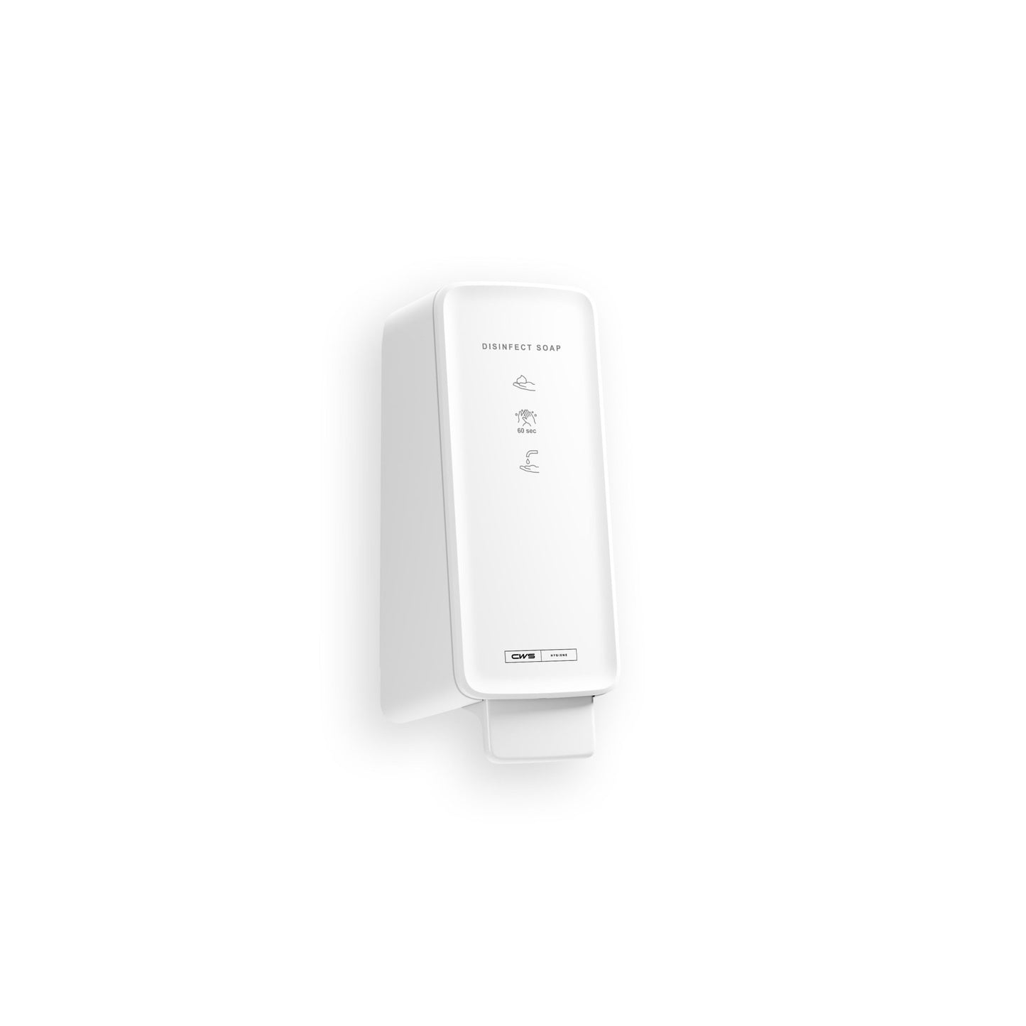Un distributeur mural blanc avec l'inscription "Disinfect Soap" distribue le CWS PureLine Disinfect Foam (1 pièce) pour une désinfection efficace. Il dispose de symboles d'application simples et d'un bouton-poussoir rectangulaire en bas sur un fond blanc sobre.