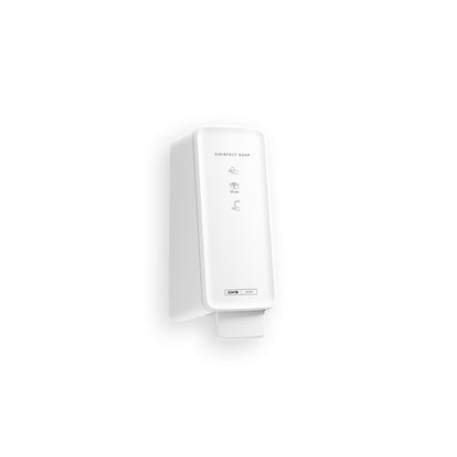 Un distributeur mural blanc avec l'inscription "Disinfect Soap" distribue le CWS PureLine Disinfect Foam (1 pièce) pour une désinfection efficace. Il dispose de symboles d'application simples et d'un bouton-poussoir rectangulaire en bas sur un fond blanc sobre.