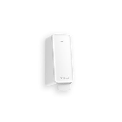 Le distributeur de savon mousse CWS PureLine de CWS est un distributeur mural blanc, de forme rectangulaire, avec un levier de pression en bas portant l'inscription "SOAP". Il est idéal pour la salle de bain et s'harmonise parfaitement avec le look épuré de tout aménagement CWS PureLine. Fond blanc simple.