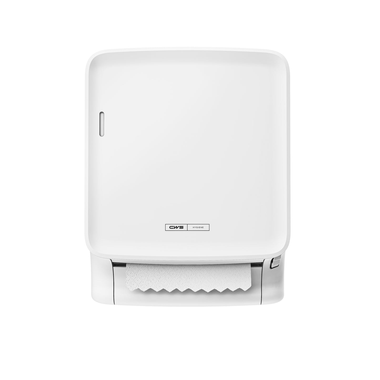 Le CWS PureLine Paperroll | Pack (1 pièce) de CWS est un distributeur mural blanc avec une serviette en papier visible, devant un fond uni - idéal pour des environnements hygiéniques et respectueux de l'environnement.