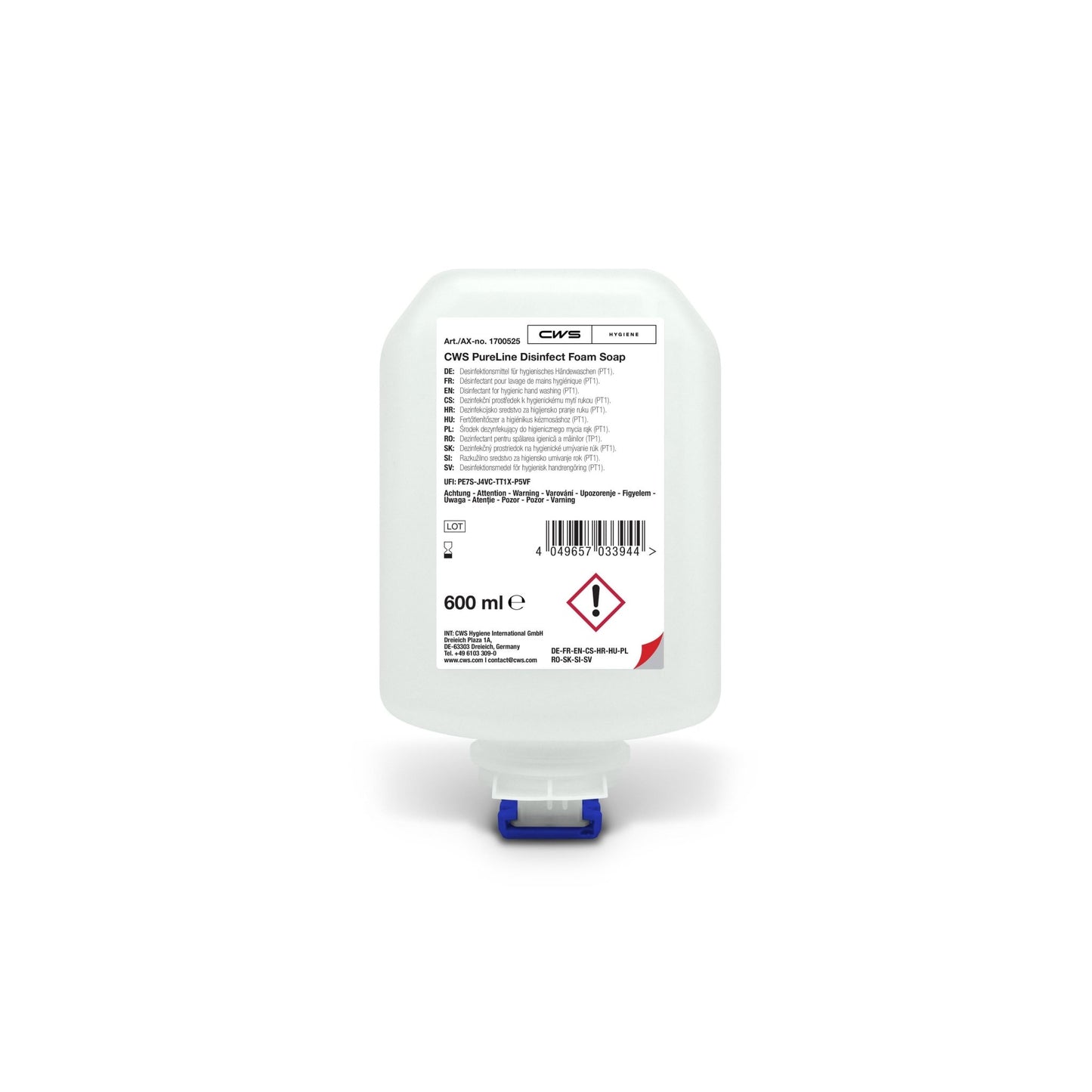 Un flacon de 600 ml de gel désinfectant CWS PureLine de la marque CWS, au design épuré, muni d'un distributeur bleu et blanc et d'une étiquette comportant les détails du produit, les consignes d'utilisation, les symboles de sécurité ainsi que des avertissements concernant les germes et les bactéries.