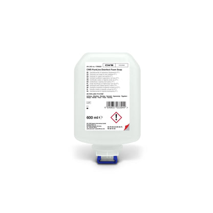 Un flacon de 600 ml de gel désinfectant CWS PureLine de la marque CWS, au design épuré, muni d'un distributeur bleu et blanc et d'une étiquette comportant les détails du produit, les consignes d'utilisation, les symboles de sécurité ainsi que des avertissements concernant les germes et les bactéries.