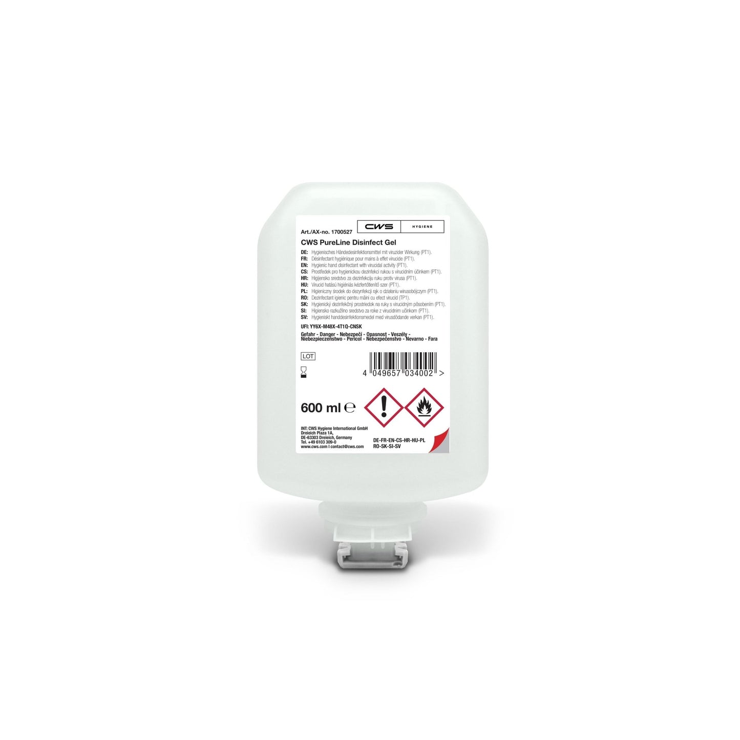 Le gel désinfectant CWS PureLine 600 ml se présente sous la forme d'un flacon transparent muni d'un bouchon distributeur blanc et d'une étiquette comportant les informations sur le produit, un code-barres et des symboles de danger. Ce gel désinfectant pour les mains de la marque CWS est efficace contre les germes et les bactéries.