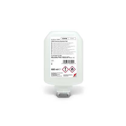 Le gel désinfectant CWS PureLine 600 ml se présente sous la forme d'un flacon transparent muni d'un bouchon distributeur blanc et d'une étiquette comportant les informations sur le produit, un code-barres et des symboles de danger. Ce gel désinfectant pour les mains de la marque CWS est efficace contre les germes et les bactéries.
