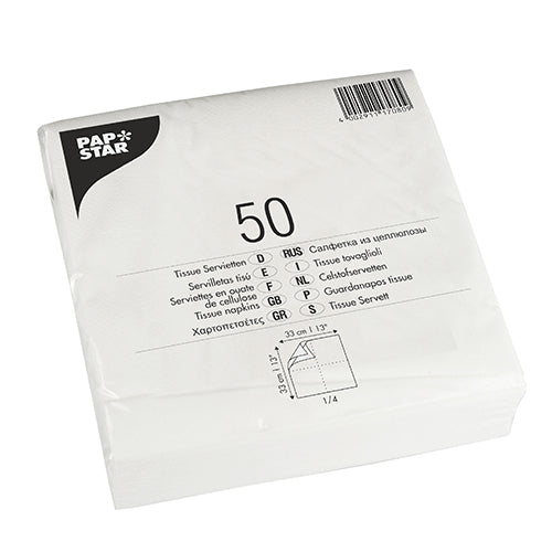 Un paquet scellé de 50 PAPSTAR GmbH Serviettes 1/4 pli, 33x33 cm, blanc, 2 plis dans un emballage plastique avec des informations produit et dimensions imprimées en plusieurs langues.